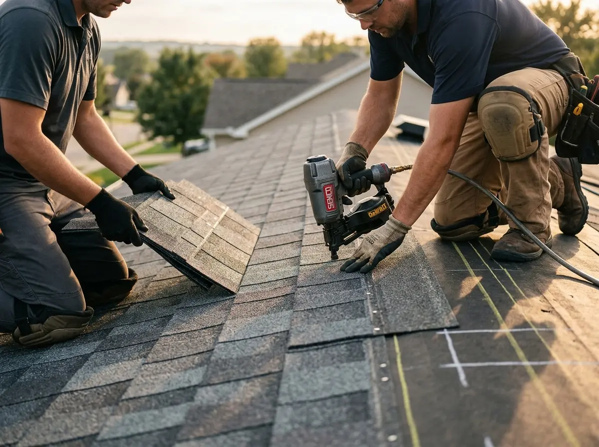Professional roofer working on a residential roof in Braselton